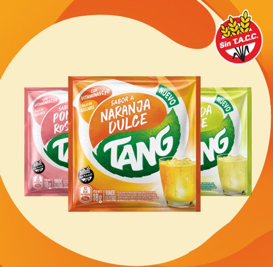 image-"Jugos Tang Libres de Gluten , adicionados con Vitaminas C y D. Un vaso de Tang es: · Bajo en azúcares · Bajo en calorías · Bajo en sodio"